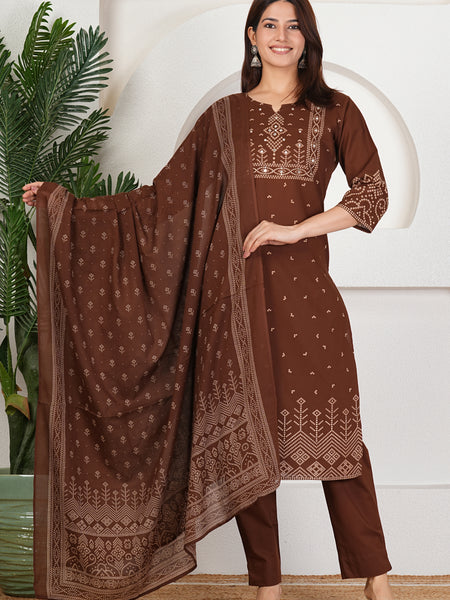 Brown Bandhani Print Kurta Set with Dupatta