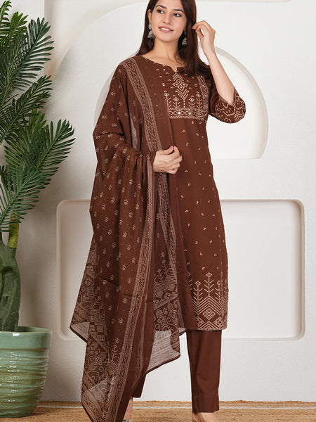 Brown Bandhani Print Kurta Set with Dupatta