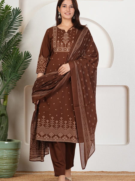 Brown Bandhani Print Kurta Set with Dupatta