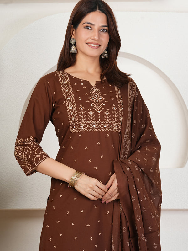 Brick Bandhani Print Cotton Kurta Set with Dupatta