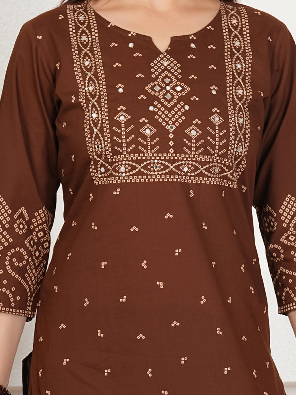 Brick Bandhani Print Cotton Kurta Set with Dupatta