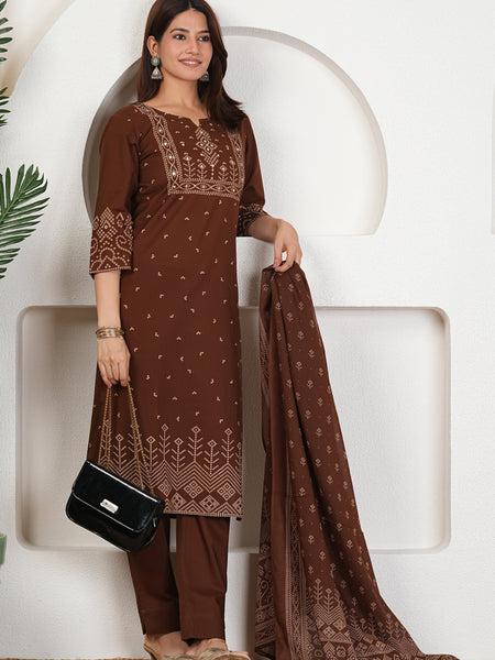 Brown Bandhani Print Kurta Set with Dupatta