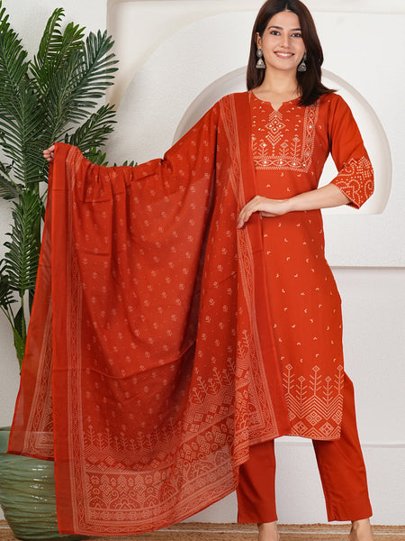 Rust Orange Bandhani Printed Kurta Set with Dupatta