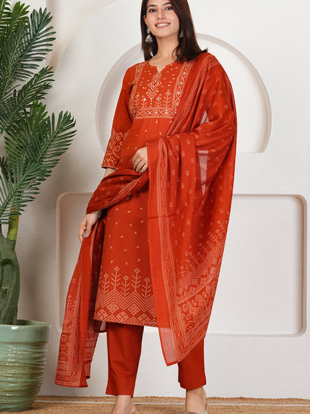 Rust Orange Bandhani Printed Kurta Set with Dupatta