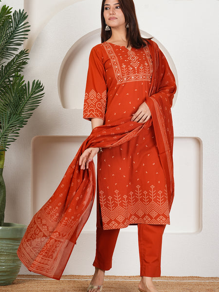 Rust Orange Bandhani Printed Kurta Set with Dupatta