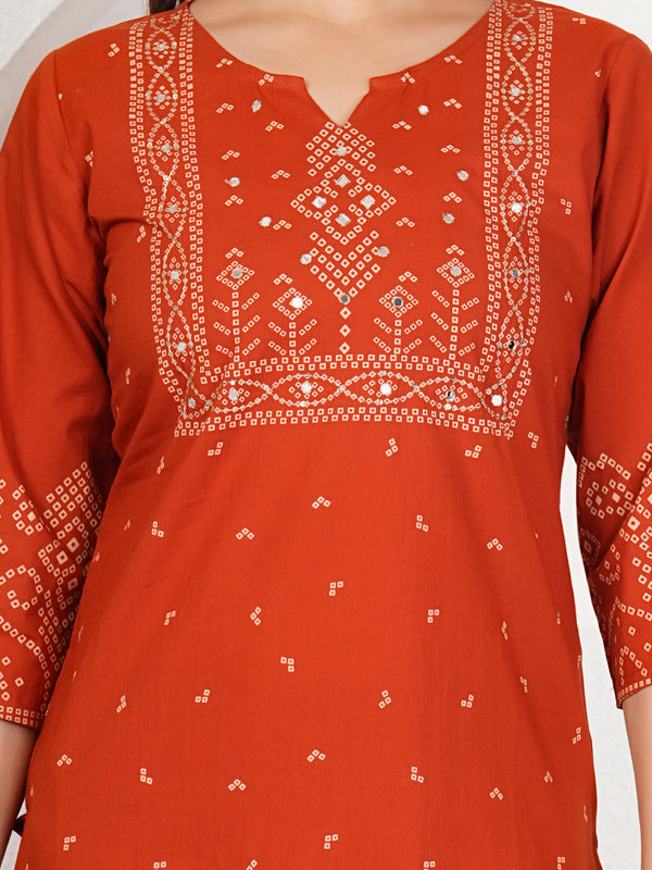 Brick Bandhani Print Cotton Kurta Set with Dupatta