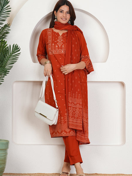 Rust Orange Bandhani Printed Kurta Set with Dupatta