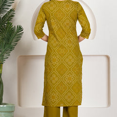 Rani Pink Bandhani Printed Pure Cotton Kurta Set with Handwork V-Neck & Dupatta