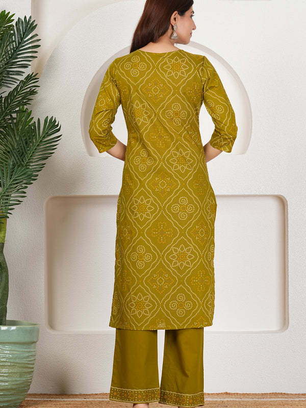 Rani Pink Bandhani Printed Pure Cotton Kurta Set with Handwork V-Neck & Dupatta