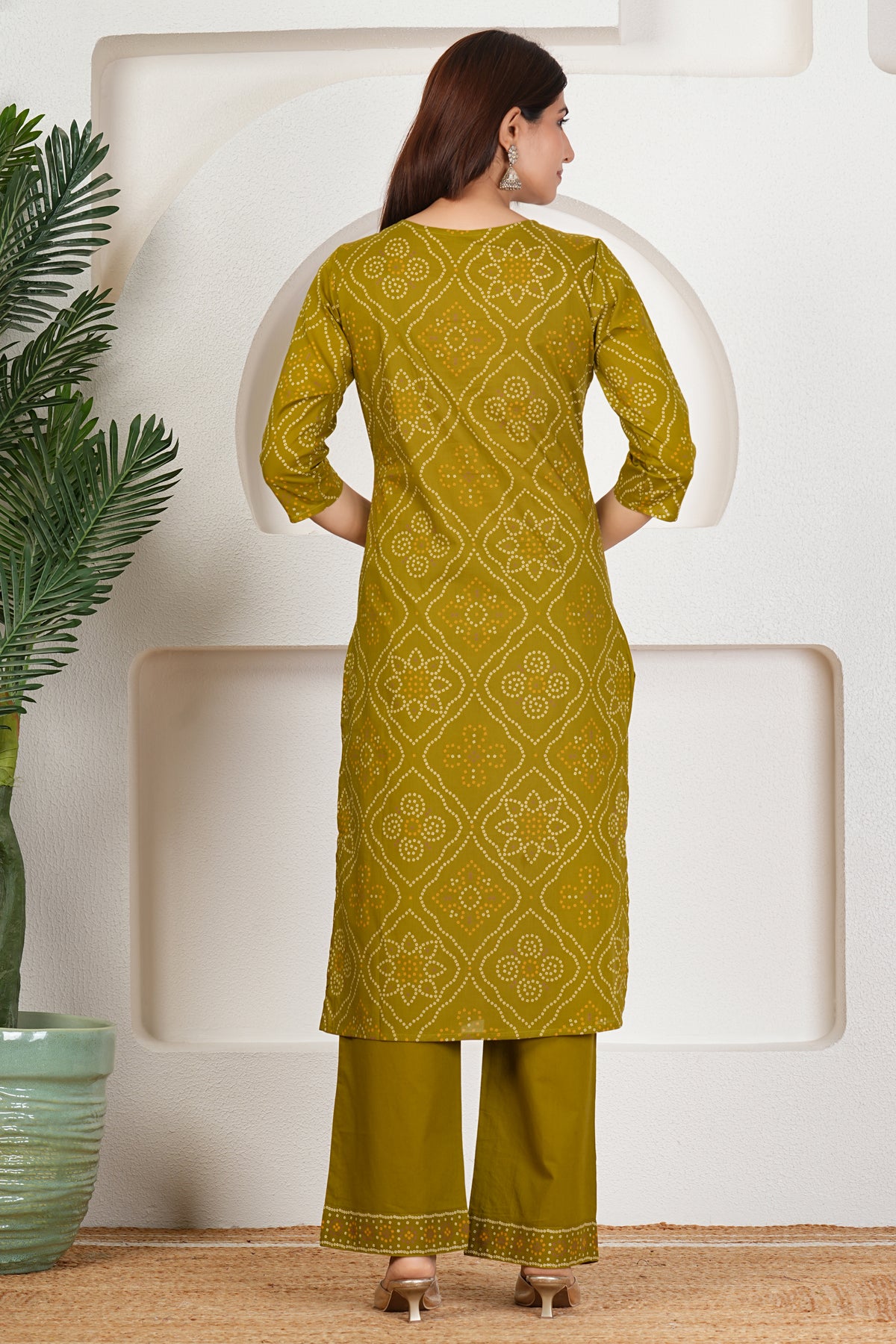 Bandhani Printed Pure Cotton Kurta Set with Handwork V-Neck & Dupatta