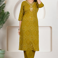 Rani Pink Bandhani Printed Pure Cotton Kurta Set with Handwork V-Neck & Dupatta