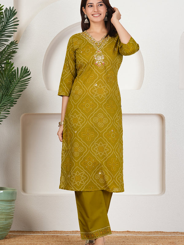 Rani Pink Bandhani Printed Pure Cotton Kurta Set with Handwork V-Neck & Dupatta