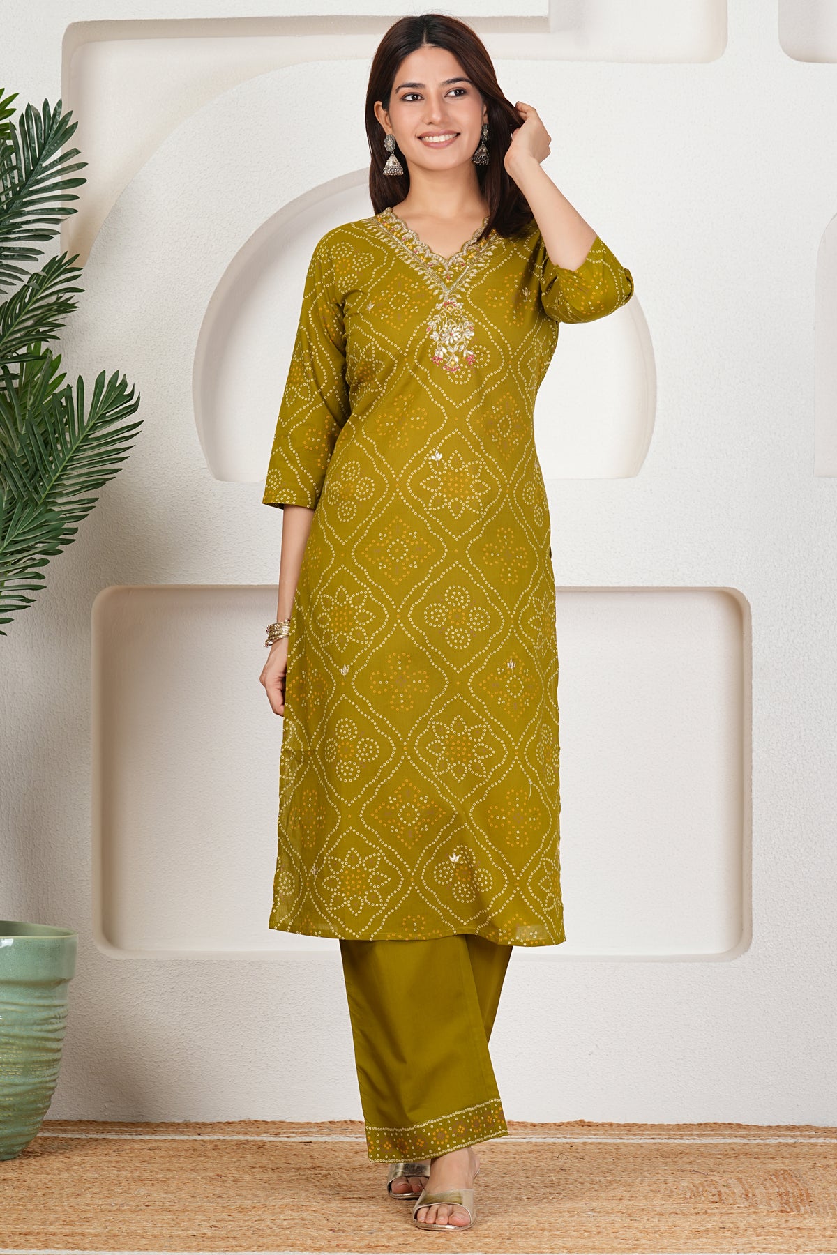 Bandhani Printed Pure Cotton Kurta Set with Handwork V-Neck & Dupatta