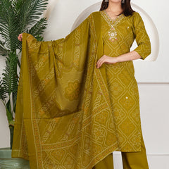 Rani Pink Bandhani Printed Pure Cotton Kurta Set with Handwork V-Neck & Dupatta