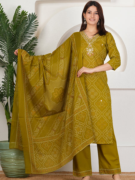 Olive Green Bandhani Printed Pure Cotton Kurta Set with Handwork V-Neck & Matching Dupatta