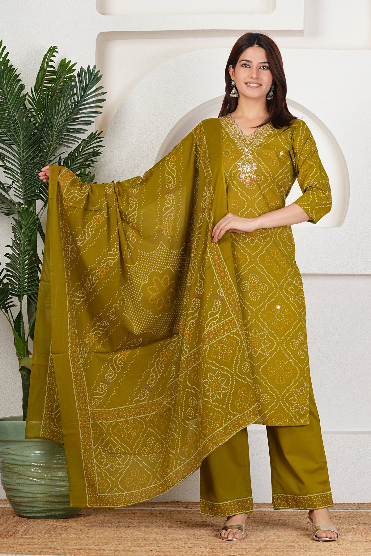 Bandhani Printed Pure Cotton Kurta Set with Handwork V-Neck & Dupatta