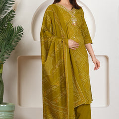 Rani Pink Bandhani Printed Pure Cotton Kurta Set with Handwork V-Neck & Dupatta