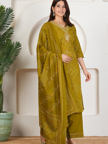Olive Green Bandhani Printed Pure Cotton Kurta Set with Handwork V-Neck & Matching Dupatta