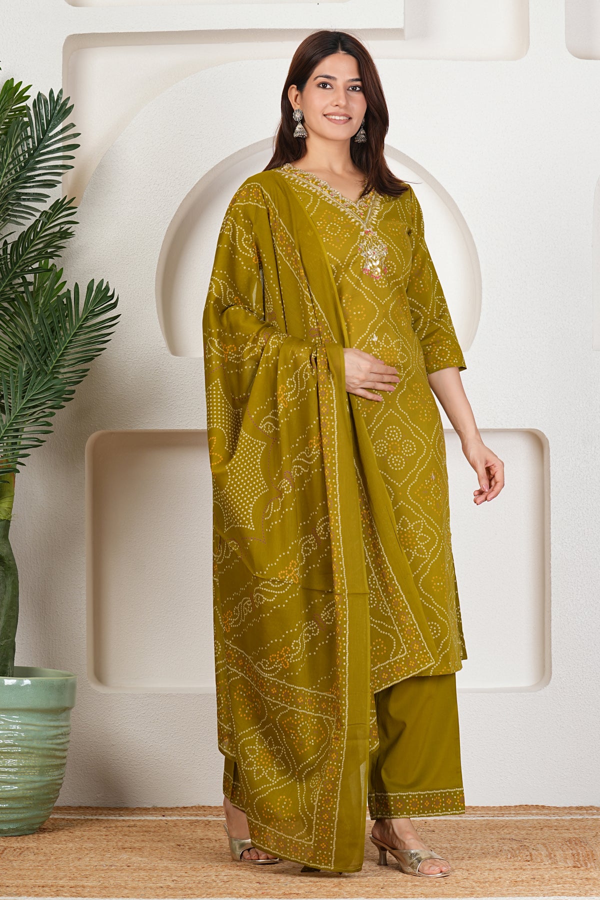 Bandhani Printed Pure Cotton Kurta Set with Handwork V-Neck & Dupatta