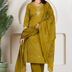 Rani Pink Bandhani Printed Pure Cotton Kurta Set with Handwork V-Neck & Dupatta