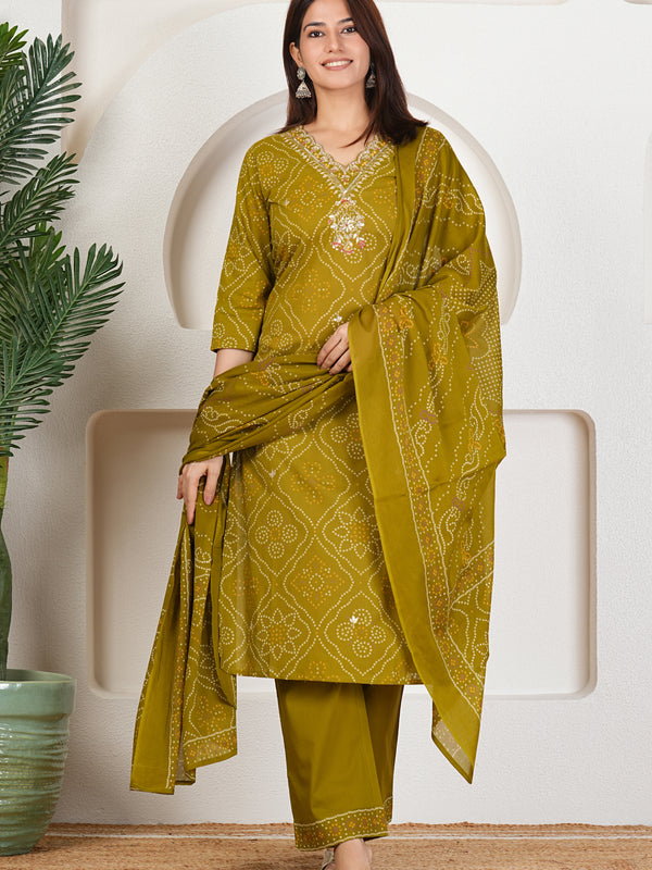 Rani Pink Bandhani Printed Pure Cotton Kurta Set with Handwork V-Neck & Dupatta