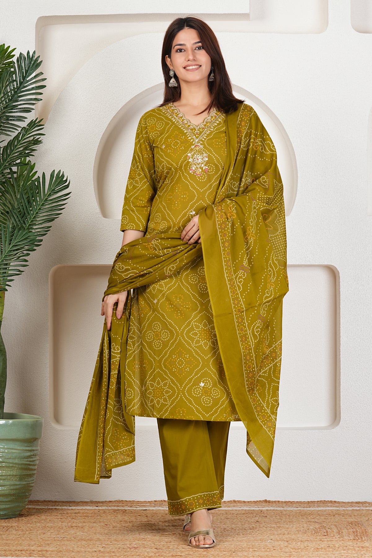 Bandhani Printed Pure Cotton Kurta Set with Handwork V-Neck & Dupatta