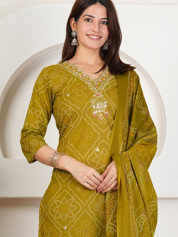 Rani Pink Bandhani Printed Pure Cotton Kurta Set with Handwork V-Neck & Dupatta