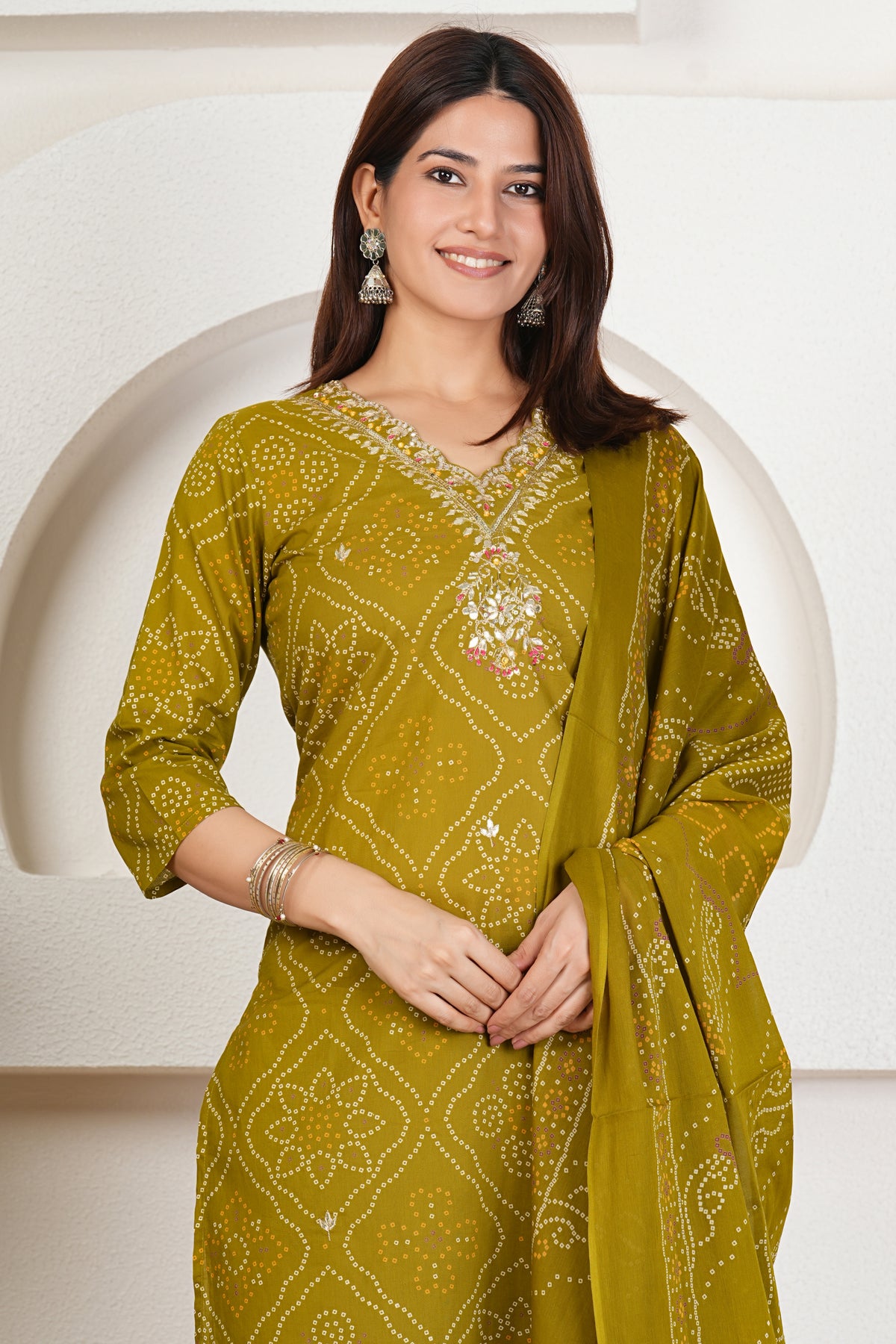 Bandhani Printed Pure Cotton Kurta Set with Handwork V-Neck & Dupatta