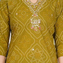 Rani Pink Bandhani Printed Pure Cotton Kurta Set with Handwork V-Neck & Dupatta
