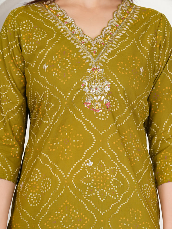 Rani Pink Bandhani Printed Pure Cotton Kurta Set with Handwork V-Neck & Dupatta