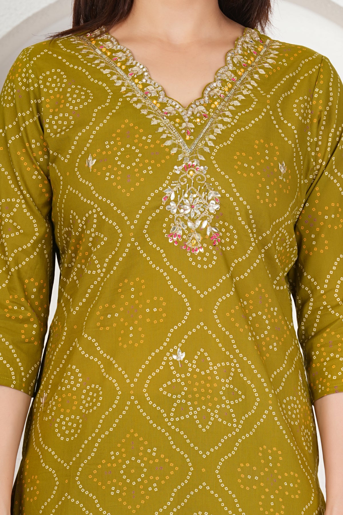 Bandhani Printed Pure Cotton Kurta Set with Handwork V-Neck & Dupatta