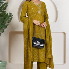 Rani Pink Bandhani Printed Pure Cotton Kurta Set with Handwork V-Neck & Dupatta
