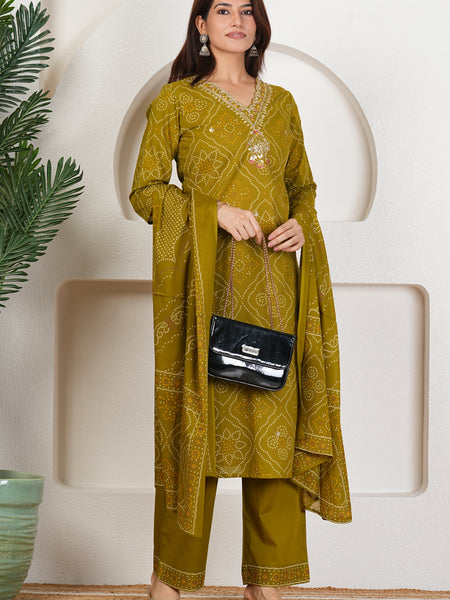 Olive Green Bandhani Printed Pure Cotton Kurta Set with Handwork V-Neck & Matching Dupatta
