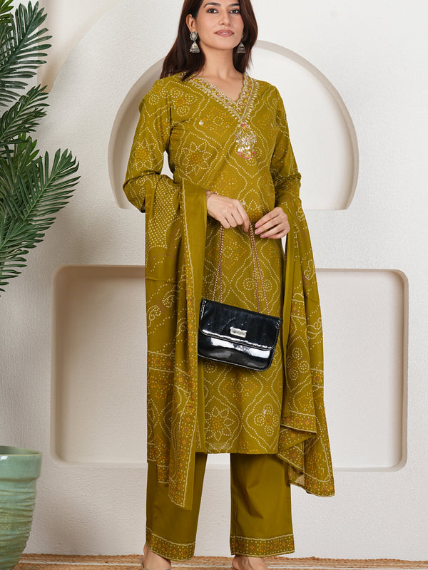 Rani Pink Bandhani Printed Pure Cotton Kurta Set with Handwork V-Neck & Dupatta