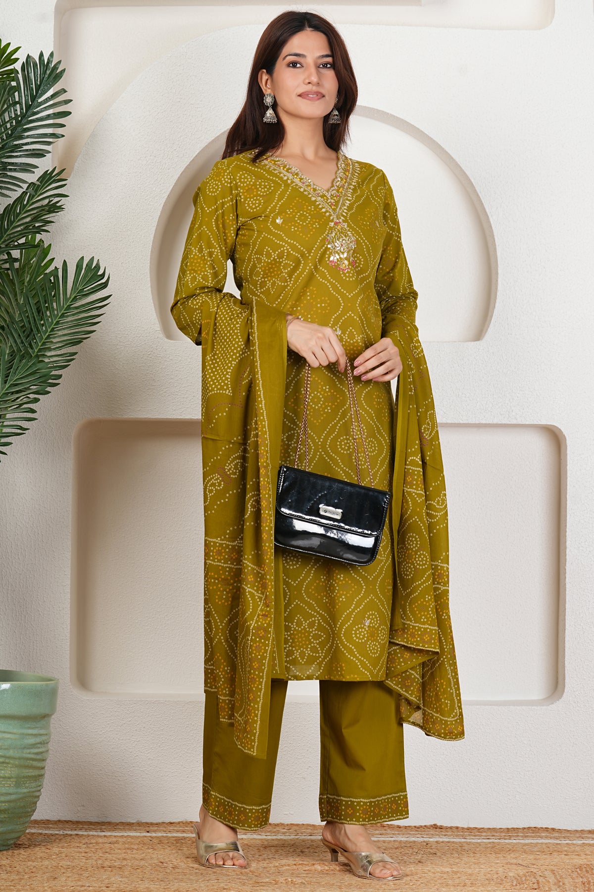 Bandhani Printed Pure Cotton Kurta Set with Handwork V-Neck & Dupatta