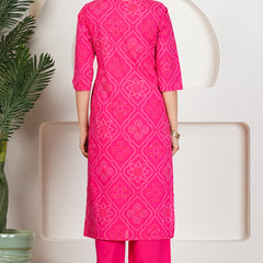 Rani Pink Bandhani Printed Pure Cotton Kurta Set with Handwork V-Neck & Dupatta