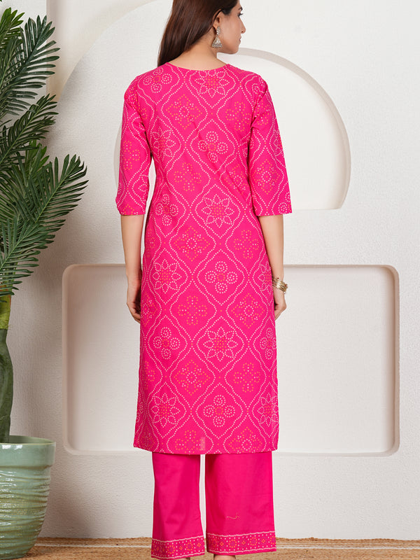 Rani Pink Bandhani Printed Pure Cotton Kurta Set with Handwork V-Neck & Dupatta