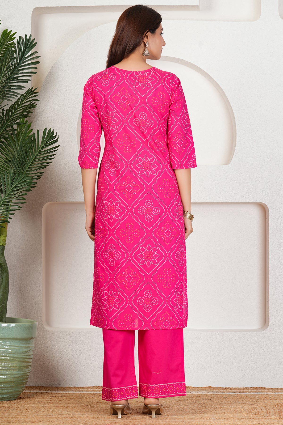 Bandhani Printed Pure Cotton Kurta Set with Handwork V-Neck & Dupatta
