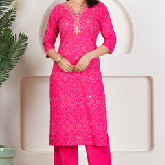 Rani Pink Bandhani Printed Pure Cotton Kurta Set with Handwork V-Neck & Dupatta