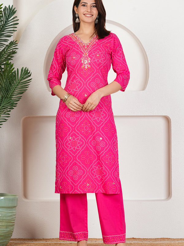 Rani Pink Bandhani Printed Pure Cotton Kurta Set with Handwork V-Neck & Dupatta
