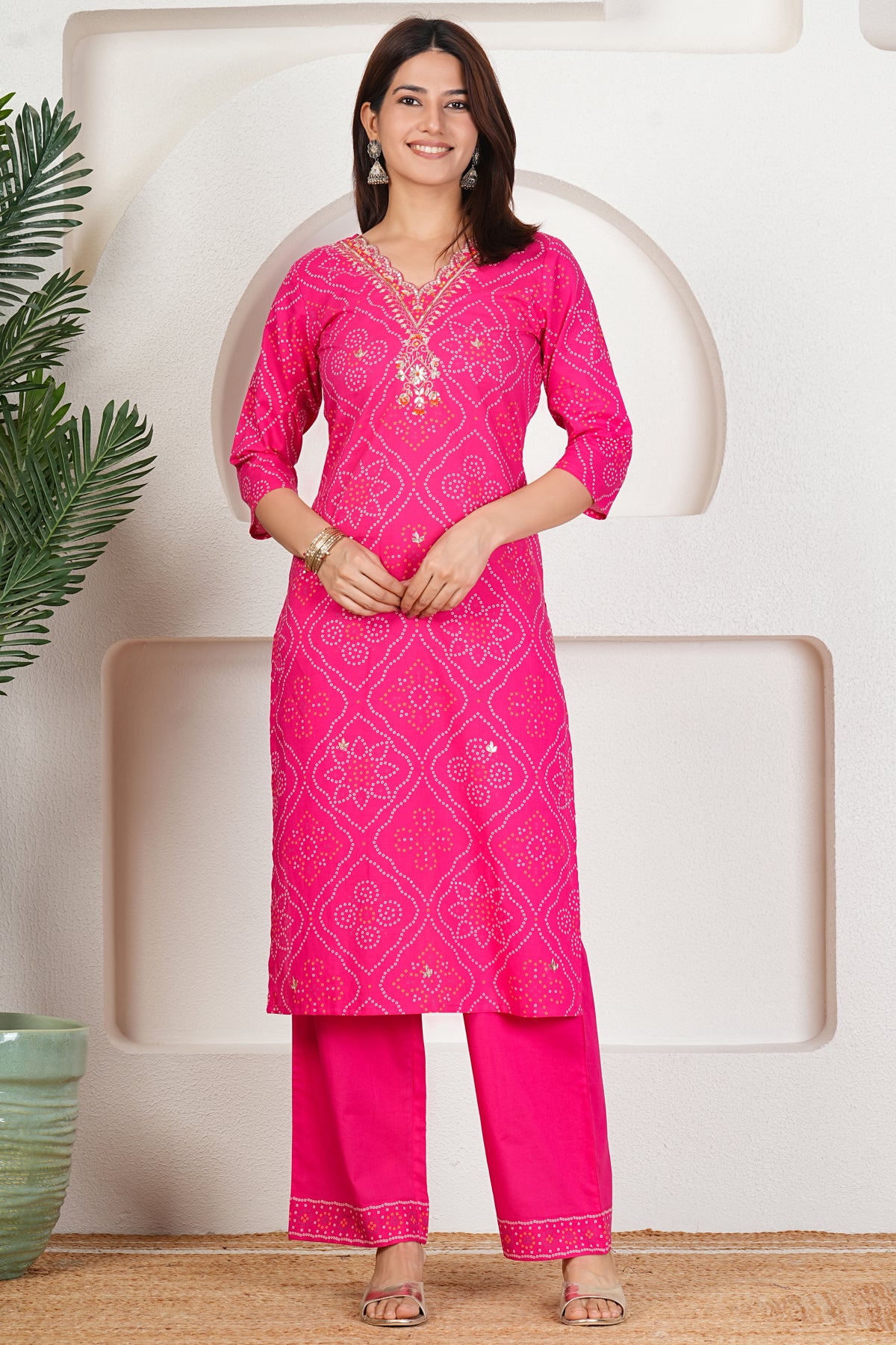 Bandhani Printed Pure Cotton Kurta Set with Handwork V-Neck & Dupatta