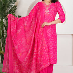 Rani Pink Bandhani Printed Pure Cotton Kurta Set with Handwork V-Neck & Dupatta