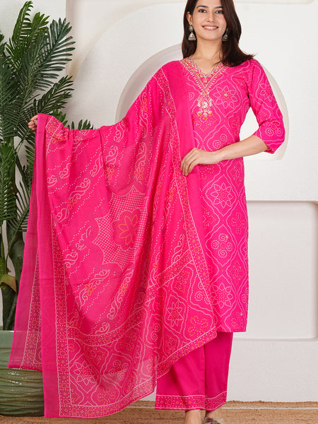 Rani Pink Bandhani Printed Pure Cotton Kurta Set with Handwork V-Neck & Dupatta