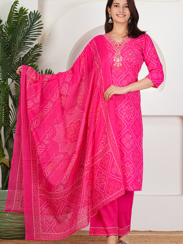 Rani Pink Bandhani Printed Pure Cotton Kurta Set with Handwork V-Neck & Dupatta