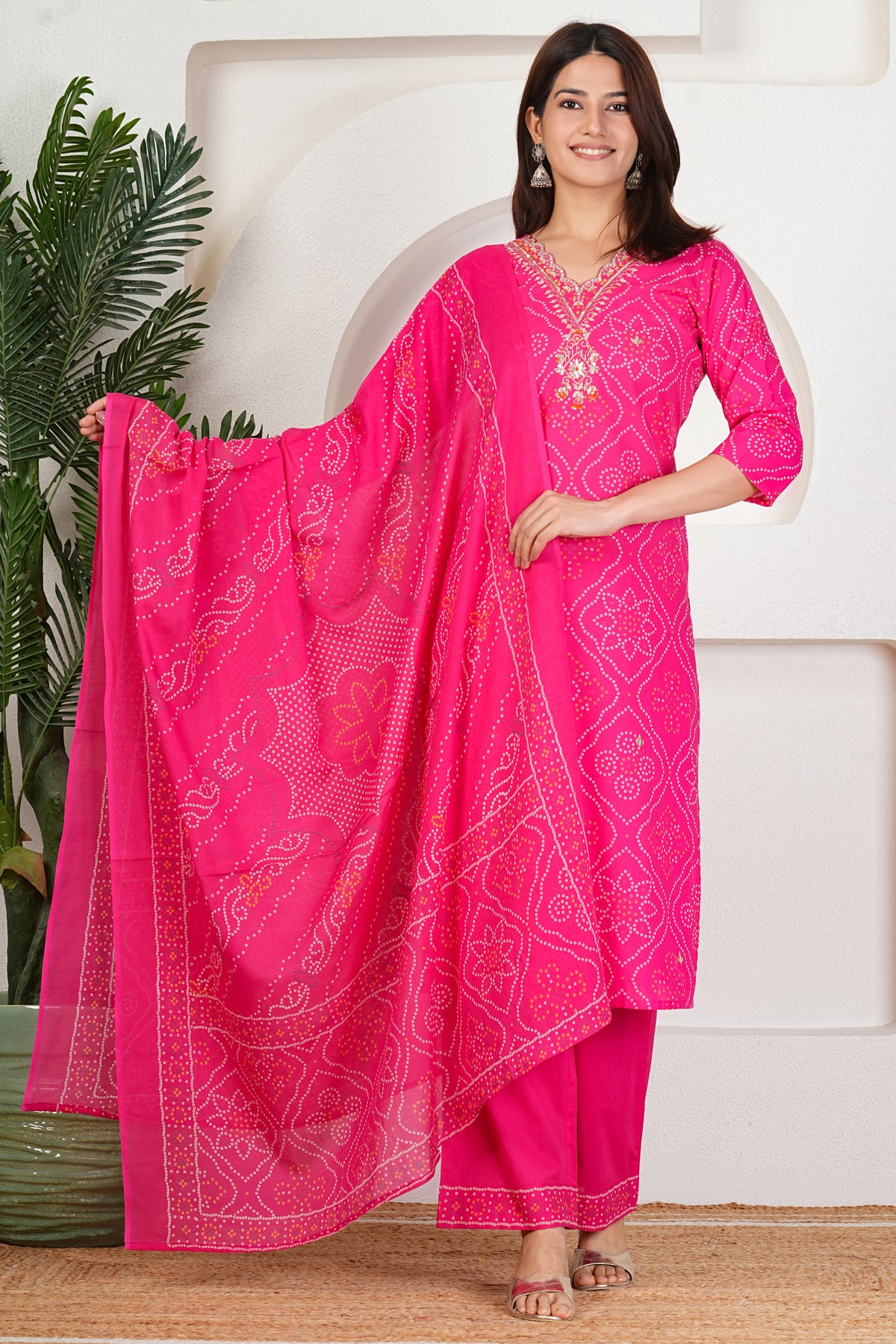 Bandhani Printed Pure Cotton Kurta Set with Handwork V-Neck & Dupatta