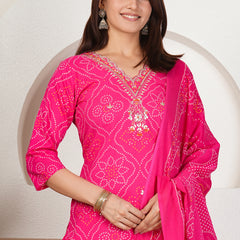 Rani Pink Bandhani Printed Pure Cotton Kurta Set with Handwork V-Neck & Dupatta