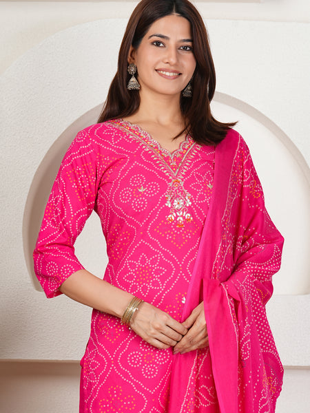 Rani Pink Bandhani Printed Pure Cotton Kurta Set with Handwork V-Neck & Dupatta