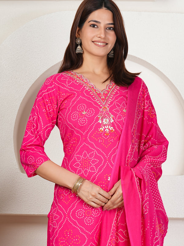 Rani Pink Bandhani Printed Pure Cotton Kurta Set with Handwork V-Neck & Dupatta
