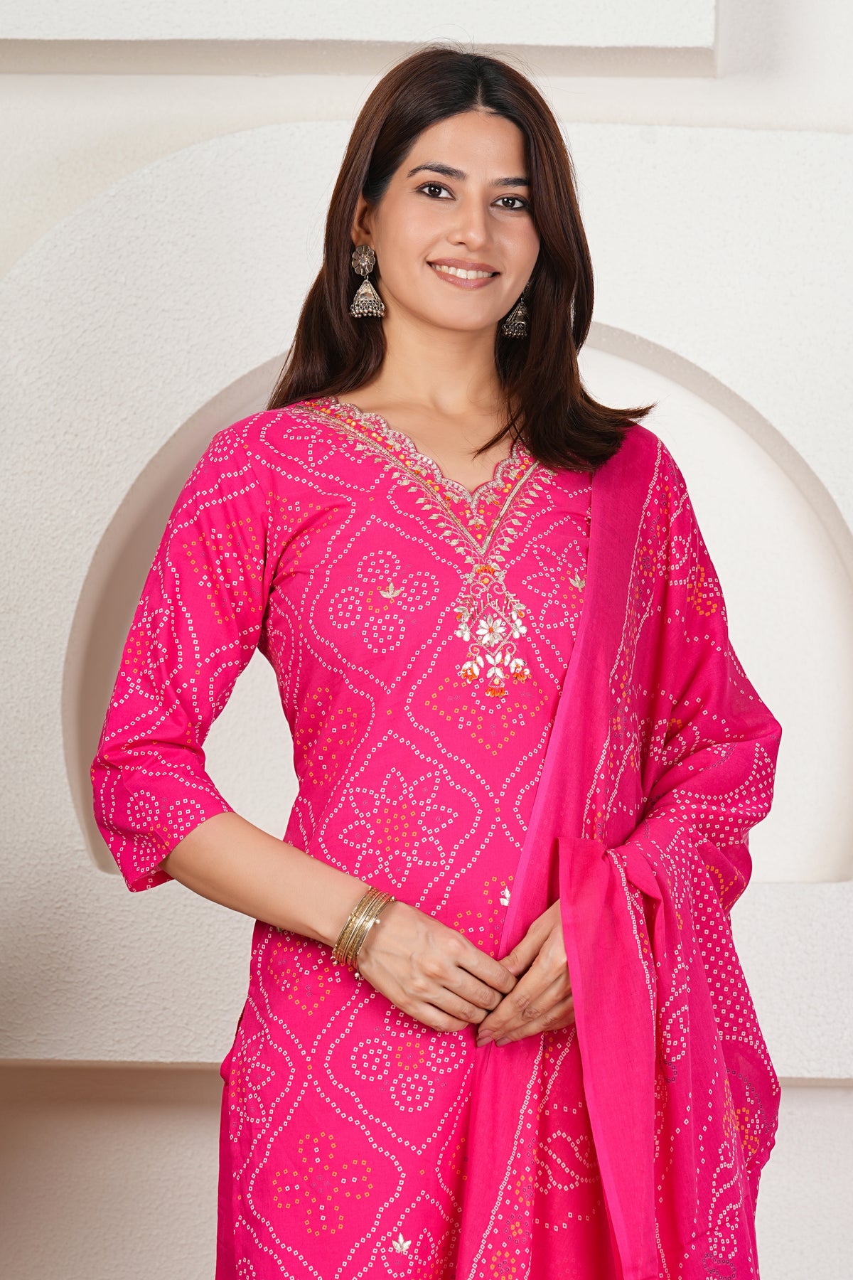 Bandhani Printed Pure Cotton Kurta Set with Handwork V-Neck & Dupatta