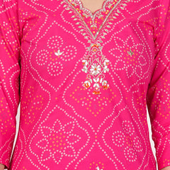 Rani Pink Bandhani Printed Pure Cotton Kurta Set with Handwork V-Neck & Dupatta